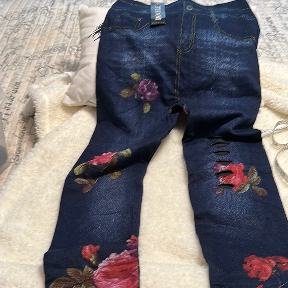 Red and Blue Skinny Jeans with Floral Embroidery with some distress on left leg